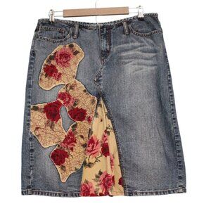 Y2K Express Denim Skirt Size 12 Patchwork Floral Corduroy Boho Festival Artsy